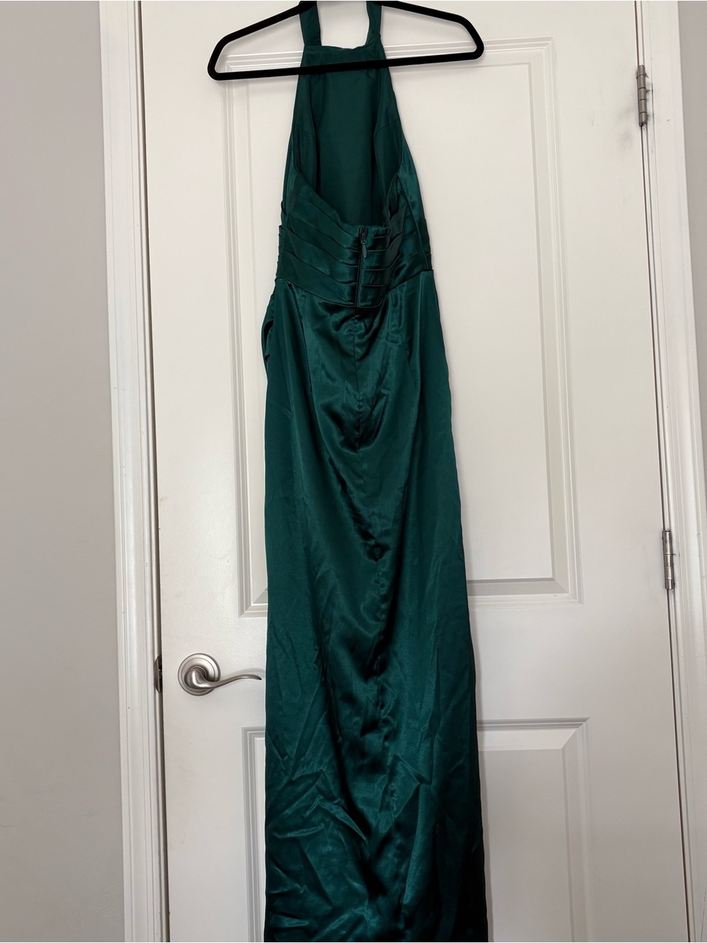 Azazie Women’s “Jenna” Emerald Sheath Pleated High-Neck Ruched Satin Dress - Picture 6 of 14